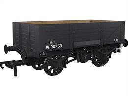 Detailed model of the GWR diagram O18 open merchandise wagons introduced in 1902 with higher 5 plank sides than used previously, cross-cornered DCIII spring applied hand brakes, self-contained buffers and 'sack truck' door. When new many were equipped with sheet supporting rails to keep tarpaulin covers from sagging, but these were removed from wagons as they were put into the 'common user' wagon pool. These wagons set the basic open wagon design used by the GWR until nationalisation and many survived as internal users into the 1970s, resulting in several examples being preserved.This model is finished as British Railways wagon number W90753 in GWR dark grey livery with British Railways regional prefixed lettering.