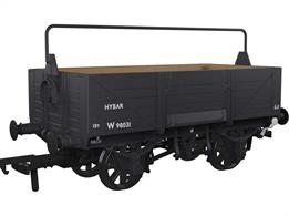 Detailed model of the GWR diagram O18 open merchandise wagons introduced in 1902 with higher 5 plank sides than used previously, cross-cornered DCIII spring applied hand brakes, self-contained buffers and 'sack truck' door. When new many were equipped with sheet supporting rails to keep tarpaulin covers from sagging, but these were removed from wagons as they were put into the 'common user' wagon pool. These wagons set the basic open wagon design used by the GWR until nationalisation and many survived as internal users into the 1970s, resulting in several examples being preserved.This model is finished as British Railways wagon number W98031 in GWR dark grey livery with British railways lettering and code HYBAR.