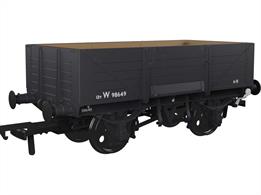 Detailed model of the GWR diagram O18 open merchandise wagons introduced in 1902 with higher 5 plank sides than used previously, cross-cornered DCIII spring applied hand brakes, self-contained buffers and 'sack truck' door. When new many were equipped with sheet supporting rails to keep tarpaulin covers from sagging, but these were removed from wagons as they were put into the 'common user' wagon pool. These wagons set the basic open wagon design used by the GWR until nationalisation and many survived as internal users into the 1970s, resulting in several examples being preserved.This model is finished as British Railways wagon number W98649 in GWR dark grey livery with BR lettering.