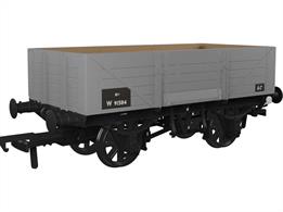 Detailed model of the GWR diagram O18 open merchandise wagons introduced in 1902 with higher 5 plank sides than used previously, cross-cornered DCIII spring applied hand brakes, self-contained buffers and 'sack truck' door. When new many were equipped with sheet supporting rails to keep tarpaulin covers from sagging, but these were removed from wagons as they were put into the 'common user' wagon pool. These wagons set the basic open wagon design used by the GWR until nationalisation and many survived as internal users into the 1970s, resulting in several examples being preserved.This model is finished as British Railways wagon number W91584 in BR grey livery with lettering on black patches.