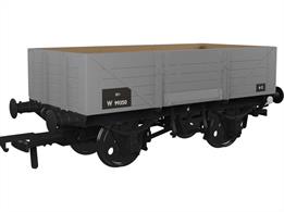 Detailed model of the GWR diagram O18 open merchandise wagons introduced in 1902 with higher 5 plank sides than used previously, cross-cornered DCIII spring applied hand brakes, self-contained buffers and 'sack truck' door. When new many were equipped with sheet supporting rails to keep tarpaulin covers from sagging, but these were removed from wagons as they were put into the 'common user' wagon pool. These wagons set the basic open wagon design used by the GWR until nationalisation and many survived as internal users into the 1970s, resulting in several examples being preserved.This model is finished as British Railways wagon number W99350 in BR goods grey livery with lettering on black patches.
