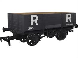 Detailed model of the GWR diagram O18 open merchandise wagons introduced in 1902 with higher 5 plank sides than used previously, cross-cornered DCIII spring applied hand brakes, self-contained buffers and 'sack truck' door. When new many were equipped with sheet supporting rails to keep tarpaulin covers from sagging, but these were removed from wagons as they were put into the 'common user' wagon pool. These wagons set the basic open wagon design used by the GWR until nationalisation and many survived as internal users into the 1970s, resulting in several examples being preserved.This model is finished as Rhymney Railway wagon number 295 in RR dark grey livery with pre-grouping 25in height lettering.