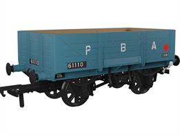Detailed model of the GWR diagram O18 open merchandise wagons introduced in 1902 with higher 5 plank sides than used previously, cross-cornered DCIII spring applied hand brakes, self-contained buffers and 'sack truck' door. When new many were equipped with sheet supporting rails to keep tarpaulin covers from sagging, but these were removed from wagons as they were put into the 'common user' wagon pool. These wagons set the basic open wagon design used by the GWR until nationalisation and many survived as internal users into the 1970s, resulting in several examples being preserved.This model is finished as Port of Bristol Authority wagon number 61110 in PBA blue livery.