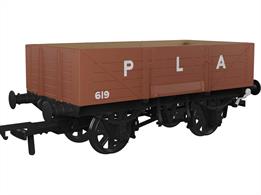 Detailed model of the GWR diagram O18 open merchandise wagons introduced in 1902 with higher 5 plank sides than used previously, cross-cornered DCIII spring applied hand brakes, self-contained buffers and 'sack truck' door. When new many were equipped with sheet supporting rails to keep tarpaulin covers from sagging, but these were removed from wagons as they were put into the 'common user' wagon pool. These wagons set the basic open wagon design used by the GWR until nationalisation and many survived as internal users into the 1970s, resulting in several examples being preserved.This model is finished as Port of London Authority wagon number 619 in PLA brown livery.