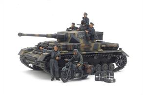 1/35 scale plastic model assembly kit. • Includes: Panzerkampfwagen IV Ausf.G (Early Production) • Includes three figures from Item 35374 1/35 German Tank Panzerkampfwagen IV Ausf.F, two (motorcycle rider and standing officer) figures and motorcycle from Item 35307 1/35 German Heavy Tank Destroyer Jagdtiger Mid Production Commander Otto Carius. (All five figures feature Eastern Front uniforms.) • New decals recreate two Eastern Front vehicles. • Comes with a new instruction manual and painting guide.