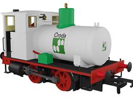 Highly detailed model of Croda Chemicals Andrew Barclay fireless 0-4-0 steam locomotive works number 1944 finished in Croda Chemcicals white and green livery.Powered by a high quality motor and drive mechanism designed to give good low-speed performance for shunting duties the fireless locomotive is an ideal industrial shunting locomotive for factories, paper mills, gas works and petro-chemcical industries, especially those producing highly flammable or explosive products.Built in 1928 for J&amp;J Colemans' Carrow works this engine passed to the ownership of Midland Tar Distillers at Four Ashes, Wolverhampton in 1952, the works becoming Croda Hydrocarbons from 1975. This locomotive was still in use in the early 1990s and has subsequently been preserved.