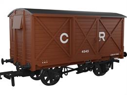 Detailed model of the Caledonian Railway diagram 67 10-ton ventilated box van finished in Caledonian Railway oxide brown livery as van number 4543.The Rapido Trains UK OO Gauge Caledonian Railway Dia.67 Van features full external, and underframe details including brass bearings for smooth friction-free running, NEM coupling pockets and a high-quality livery application. Tooling covers two different wheel styles, Morton hand brakes, vacuum train or dual air and vacuum train brakes and three different axlebox and spring arrangements.