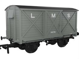 Detailed model of the Caledonian Railway diagram 67 10-ton ventilated box van finished in LMS grey livery as van number 305761 with large lettering.The Rapido Trains UK OO Gauge Caledonian Railway Dia.67 Van features full external, and underframe details including brass bearings for smooth friction-free running, NEM coupling pockets and a high-quality livery application. Tooling covers two different wheel styles, Morton hand brakes, vacuum train or dual air and vacuum train brakes and three different axlebox and spring arrangements.