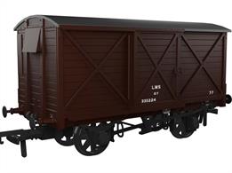 Detailed model of the Caledonian Railway diagram 67 10-ton ventilated box van finished in LMS bauxite livery as van number 335224 with the small post-1936 lettering.The Rapido Trains UK OO Gauge Caledonian Railway Dia.67 Van features full external, and underframe details including brass bearings for smooth friction-free running, NEM coupling pockets and a high-quality livery application. Tooling covers two different wheel styles, Morton hand brakes, vacuum train or dual air and vacuum train brakes and three different axlebox and spring arrangements.