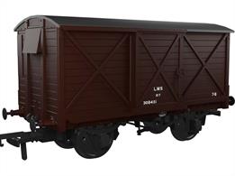 Detailed model of the Caledonian Railway diagram 67 10-ton ventilated box van finished in LMS bauxite livery as van number 308451 with the small post-1936 lettering.The Rapido Trains UK OO Gauge Caledonian Railway Dia.67 Van features full external, and underframe details including brass bearings for smooth friction-free running, NEM coupling pockets and a high-quality livery application. Tooling covers two different wheel styles, Morton hand brakes, vacuum train or dual air and vacuum train brakes and three different axlebox and spring arrangements.