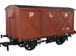 Detailed model of the Caledonian Railway diagram 67 10-ton ventilated box van finished in Port of London Authority bauxite brown livery as van number A64.The Rapido Trains UK OO Gauge Caledonian Railway Dia.67 Van features full external, and underframe details including brass bearings for smooth friction-free running, NEM coupling pockets and a high-quality livery application. Tooling covers two different wheel styles, Morton hand brakes, vacuum train or dual air and vacuum train brakes and three different axlebox and spring arrangements.