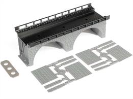A small single track stone river bridge. This kit is made of plastic and is molded in three colours.