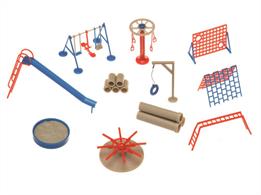 This is a pre-coloured OO scale plastic kit of a typical childrens playground and includes swings, slides and roundabouts as well as benches for weary parents. Moulded in three colours, additional painting will really bring this kit to life.