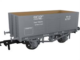 A highly detailed model of the RCH 1907 design 7 plank open wagon. One of the most common designs used by private wagon owners these wagons frequently carried brightly coloured and floridly lettered liveries applied before WW1. Many thousands of wagons were built to this specification, the vast majority still running into WW2 with many passing to British Railways ownership at nationalisation. Each of the Rapido Trains models features prototype specific variations including end doors or no end door, buffer shank design, wheels, brake fittings and V hanger style.Model finished in War Department grey livery ad WD 81797, one of many hundreds of these wagons ordered by the War Department during WW1 to keep coal flowing to the war factorys and Royal Navy.