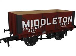 A highly detailed model of the RCH 1907 design 7 plank open wagon. One of the most common designs used by private wagon owners these wagons frequently carried brightly coloured and floridly lettered liveries applied before WW1. Many thousands of wagons were built to this specification, the vast majority still running into WW2 with many passing to British Railways ownership at nationalisation. Each of the Rapido Trains models features prototype specific variations including end doors or no end door, buffer shank design, wheels, brake fittings and V hanger style.Model finished as Middleton Colliery, Leeds in maroon livery as wagon number 686.