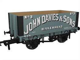 A highly detailed model of the RCH 1907 design 7 plank open wagon. One of the most common designs used by private wagon owners these wagons frequently carried brightly coloured and floridly lettered liveries applied before WW1. Many thousands of wagons were built to this specification, the vast majority still running into WW2 with many passing to British Railways ownership at nationalisation. Each of the Rapido Trains models features prototype specific variations including end doors or no end door, buffer shank design, wheels, brake fittings and V hanger style.Model finished in grey livery as John Davies &amp; Sons of Birkenhead wagon number 3.