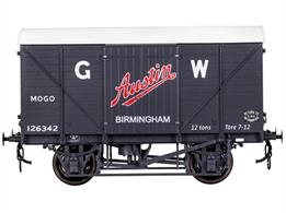 From 1927 the GWR adopted the RCH 17ft6in length steel underframe as the standard for their goods wagons, initially with a 9ft wheelbase and changed to 10ft wheelbase from 1932.The MOGO vans were fitted with end doors and drop-flaps, allowing road vehicles, typically motor cars, to be rolled inside from an end loading dock, the drop flap providing a bridge over the buffers. The vans were also fitted with standard side doors, allowing them to be used as normal ventilated vans.Model finished in GWR goods grey livery.