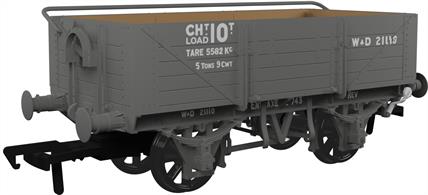 Introduced in 1911 as the GWRs new standard general merchandise open wagon now had 5 plank high sides and was equipped with a folding sheet rail for weather protection. Allocated diagram reference O11 10815 were built between 1911 and 1919, along with a further 2,105 wagons with vacuum train brakes (diagram O15) built by 1922.This model replicates one of these GWR 5 plank open wagons in military service ad WD number 21110 in battleship grey livery.