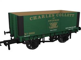 A highly detailed model of the RCH 1907 design 7 plank open wagon. One of the most common designs used by private wagon owners these wagons frequently carried brightly coloured and floridly lettered liveries applied before WW1. Many thousands of wagons were built to this specification, the vast majority still running into WW2 with many passing to British Railways ownership at nationalisation. Each of the Rapido Trains models features prototype specific variations including end doors or no end door, buffer shank design, wheels, brake fittings and V hanger style.Model finished in a special mid-chrome green livery and lettered for the GWR's 'grouping era' CME Charles Coillett of Swindon, wagon 6000.