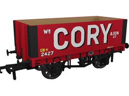 A highly detailed model of the RCH 1907 design 7 plank open wagon. One of the most common designs used by private wagon owners these wagons frequently carried brightly coloured and floridly lettered liveries applied before WW1. Many thousands of wagons were built to this specification, the vast majority still running into WW2 with many passing to British Railways ownership at nationalisation. Each of the Rapido Trains models features prototype specific variations including end doors or no end door, buffer shank design, wheels, brake fittings and V hanger style.Model finished in red livery as Wm. Cory &amp; Son Ltd wagon number 2427.