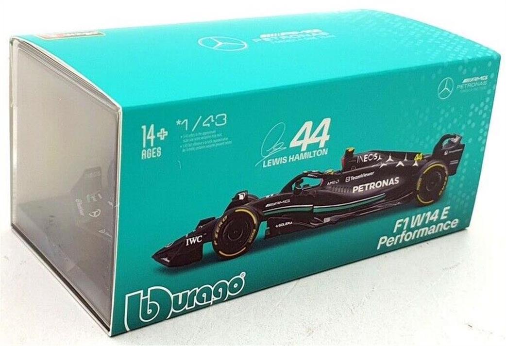 Burago 1/43 B18-38081H Mercedes-Benz F1 2023 W14 E Performance #44 Lewis Hamilton w/Helmet and Showcase Model