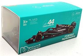 Burago B18-38081H 1/43rd Mercedes-Benz F1 2023 W14 E Performance #44 Lewis Hamilton w/Helmet and Showcase Model