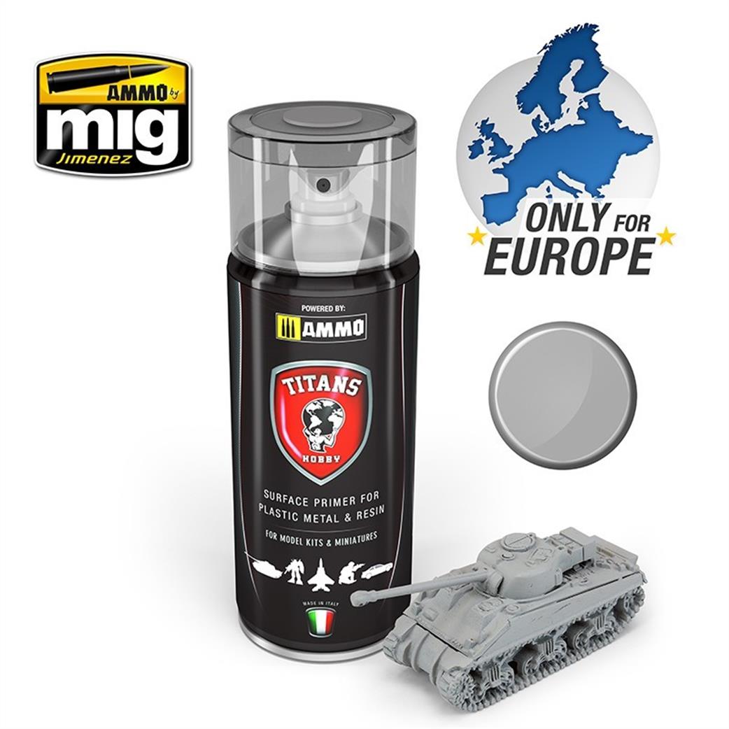 Ammo of Mig Jimenez  TTH102 Titans Hobby Light Grey Matt Primer 400ml Spray Can