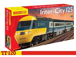 Modeled from the introduction of the 125mph InterCity125 High Speed Trains in the mid-1970s this set contains two class 43 HST 'power cars', one powered, one dummy with directional lighting, and two BR Mk3 HST passenger coaches to create a short High Speed Train formation which can be extended by adding extra coaches.The train set is completed with a starter oval of track plus extension pack 1 adding a point and siding, a UK mains powered speed controller and 'OnRailer' ramp.Track circuit 1370 x 910mm / 5ft6in x 3ft.