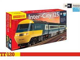 Modeled from the introduction of the 125mph InterCity125 High Speed Trains in the mid-1970s this set contains two class 43 HST 'power cars', one powered, one dummy with directional lighting, and two BR Mk3 HST passenger coaches to create a short High Speed Train formation which can be extended by adding extra coaches.HM7000 Bluetooth &amp; DCC controlled sound decoder fitted train set is completed with a starter oval of track plus extension pack 1 adding a point and siding and 'OnRailer' ramp.Track circuit 1370 x 910mm / 5ft6in x 3ft.