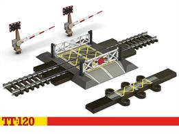 This single-track level crossing can be adapted perfectly to suit your layout needs:There is an option for alternative modern and steam-era gates.Can clip onto different road sections.There are additional level crossings to make a double, triple or even quadruple – whatever you like!You can use any 166mm straight track (TT8002).