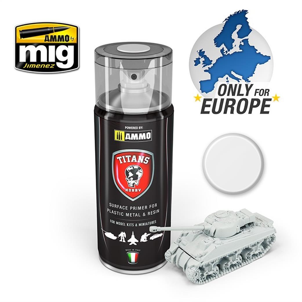 Ammo of Mig Jimenez  TTH101 Titans Hobby White Primer 400Ml Spray Can