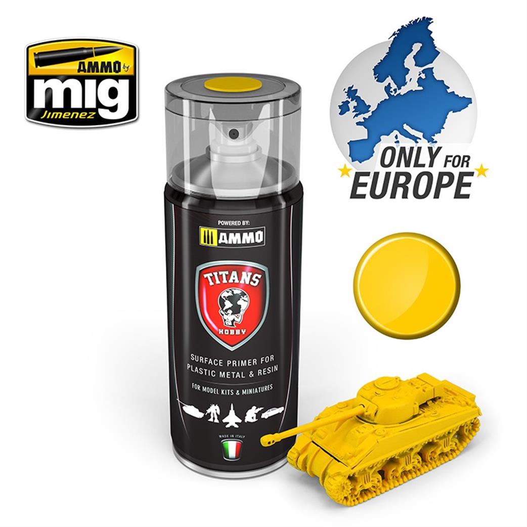 Ammo of Mig Jimenez  TTH104 Titans Hobby Imperial Yellow Matt Primer 400ml Spray Can