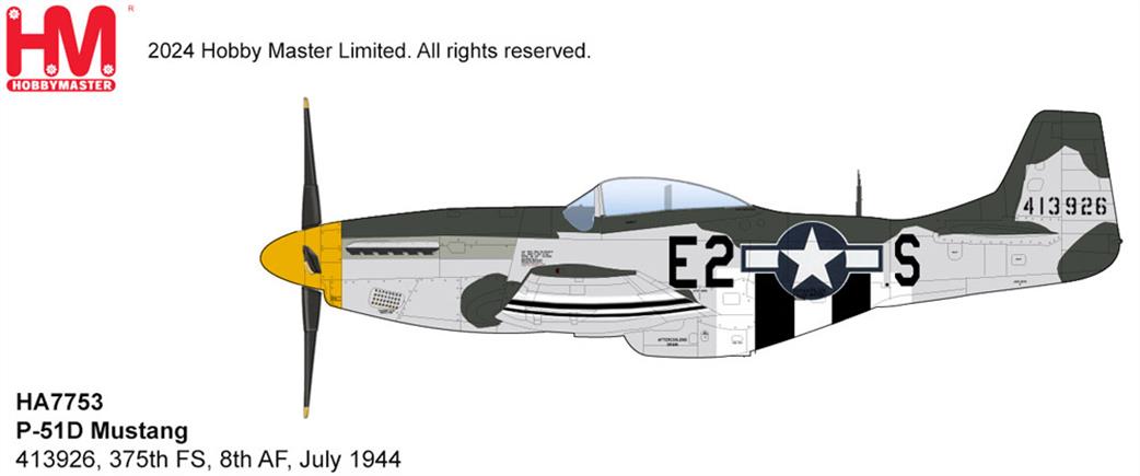 Hobby Master 1/48 HA7753 P-51D Mustang 375th FS, 8th AF, July 1944 WW2 Fighter