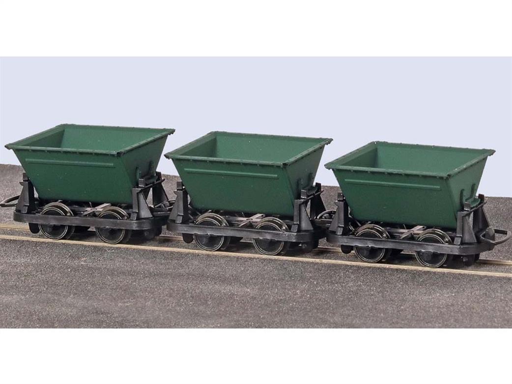 Peco OO9 GR-333 Side Tipping Skip Wagons Green Pack of 3