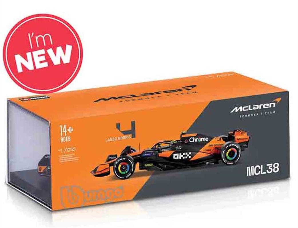 Burago 1/24 B18-28033N McLaren MCL38 #4 Norris with Helmet F1 2024 Diecast Model