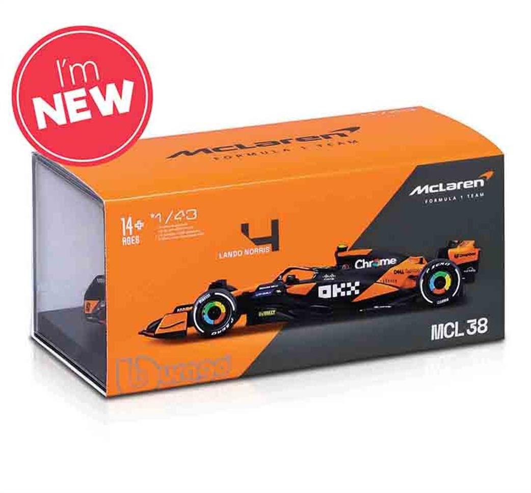 Burago 1/43 B18-38215N McLaren F1 2024 MCL 38 #4 Lando Norris w/Helmet and Showcase Model