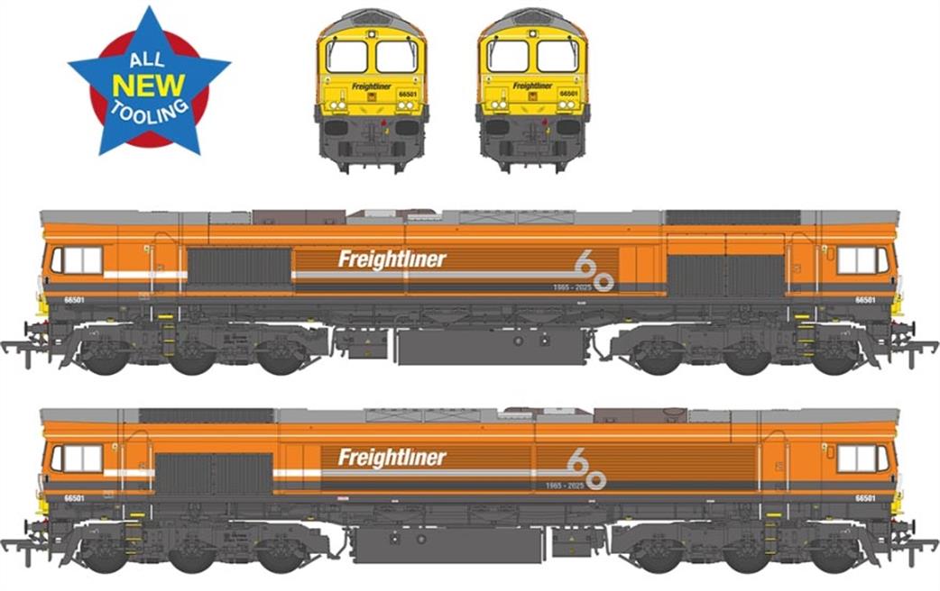 Bachmann OO 50-011 Class 66/5 66501 Freightliner 60 1965-2025 Freightliner Orange EMD Diesel Locomotive Model