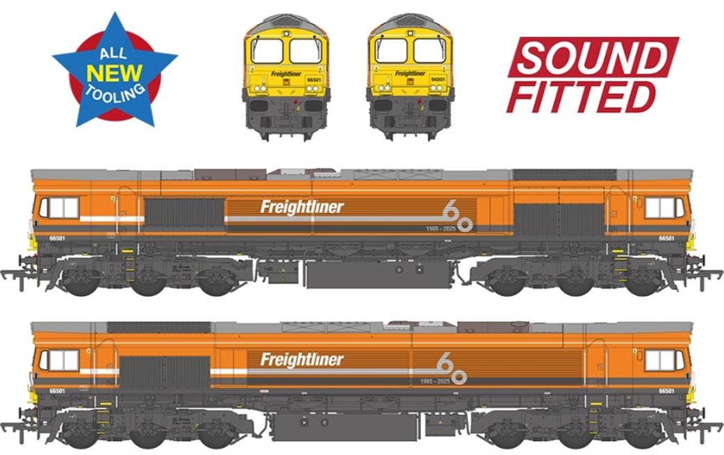 Bachmann OO 50-011SF Class 66/5 66501 Freightliner 60 1965-2025 Freightliner Orange EMD Diesel Locomotive DCC Sound Model