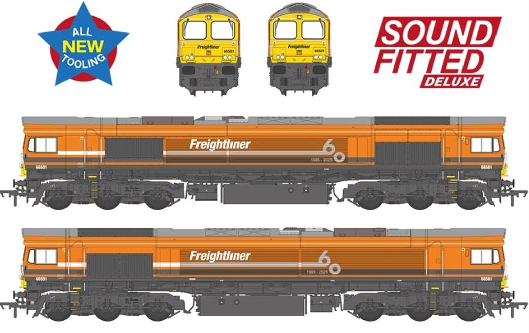 Bachmann OO 50-011SFX Class 66/5 66501 Freightliner 60 1965-2025 Freightliner Orange EMD Diesel Locomotive Deluxe DCC Sound Model