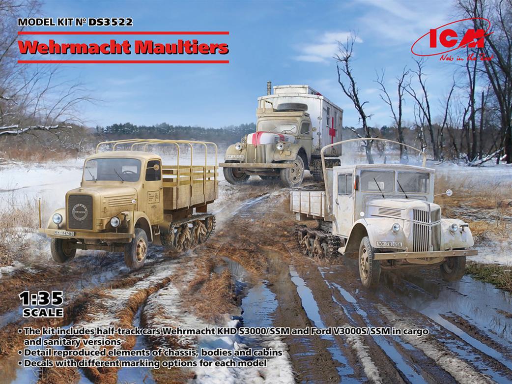 ICM 1/35 DS3522 Wehrmacht Maultiers, Sd.Kfz.3b, V3000S/SSM with Shelter, KHD S3000/SS M (Set of 3)