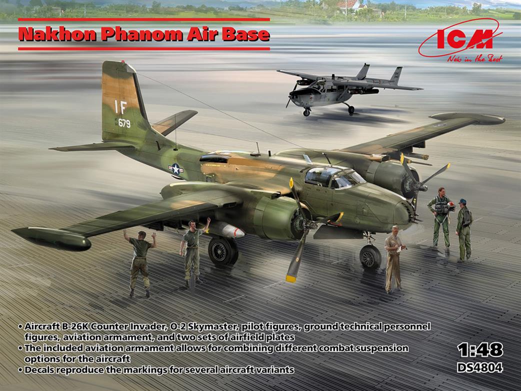 ICM 1/48 DS4804 Nakhon Phanom Air Base Set (B-26K, O-2 Skymaster, Figures & Airfield Plates)