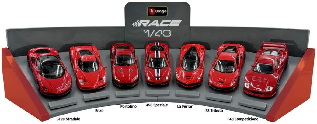 Burago 1/43 FERRARISET-01 Ferrari 7 Car Set SF90 Stradale, Enzo, F40 Portofino, 458, La Ferrari, F8 Tributo with Display Stand