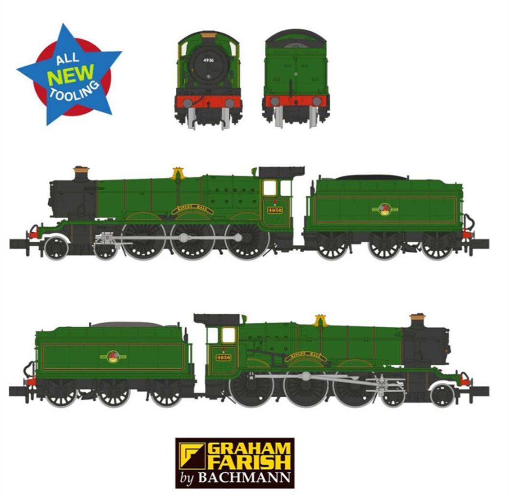 Graham Farish N 372-011 GWR 49XX 4936 Kinlet Hall BR Lined Green Late Crest Steam Locomotive