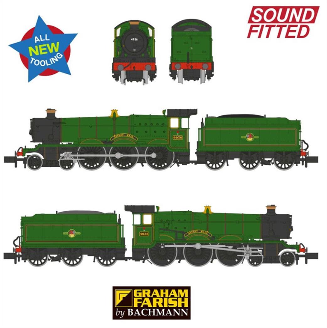 Graham Farish N 372-011SF GWR 49XX 4936 Kinlet Hall BR Lined Green Late Crest DCC Sound Steam Locomotive