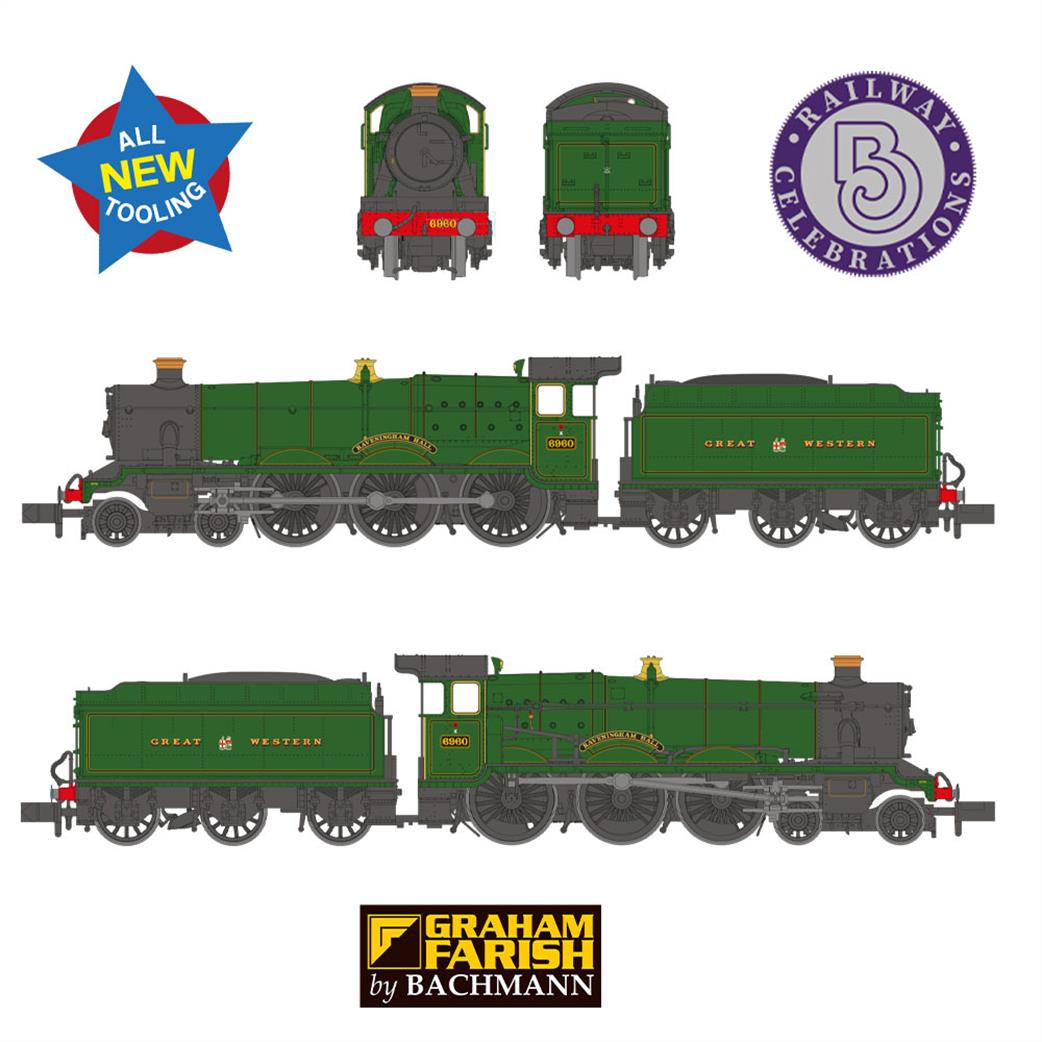 Graham Farish N 372-450 GWR Modified Hall 6960 Raveningham Hall GWR Lined Green GW Crest