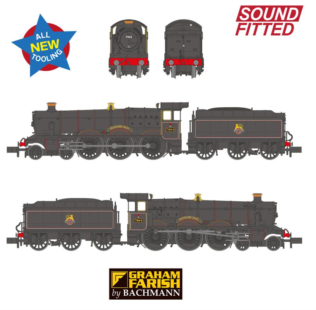 Graham Farish N 372-451SF GWR Modified Hall 7904 Fountains Hall BR Lined Black Early Emblem DCC Sound Steam Locomotive