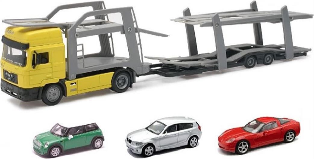 New Ray 1/43 15865 MAN F2000 Twin Car Transporter w/Mini Cooper, BMW 1 Series, Chevrolet Coupe