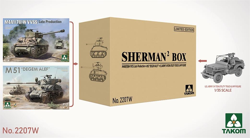 Takom 1/35 2207W Sherman Big Box Limited Edition 2 tanks + jeep & figure kit