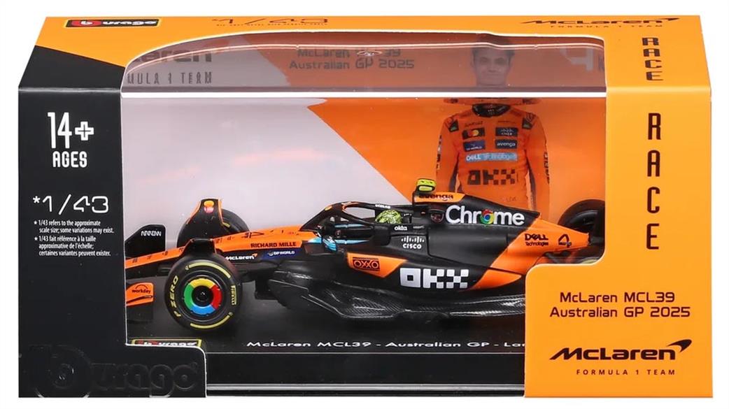 Burago 1/43 B18-38249N F1 2025 McLaren MCL39 #4 L.Norris British GP w/Helmet and Showcase Model