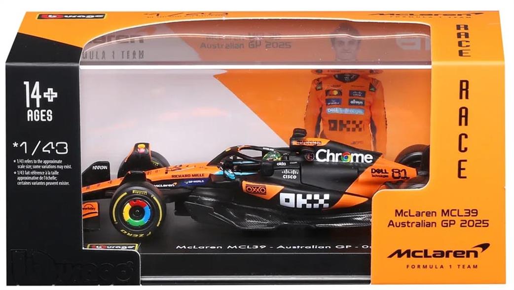 Burago 1/43 B18-38249P F1 2025 McLaren MCL39 #81 Piastri British GP w/Helmet and Showcase Model